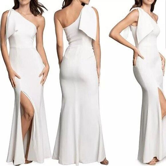 NWT Dress The Population Georgina One-Shoulder Crepe Gown Bow Detail White Large - Picture 4 of 9